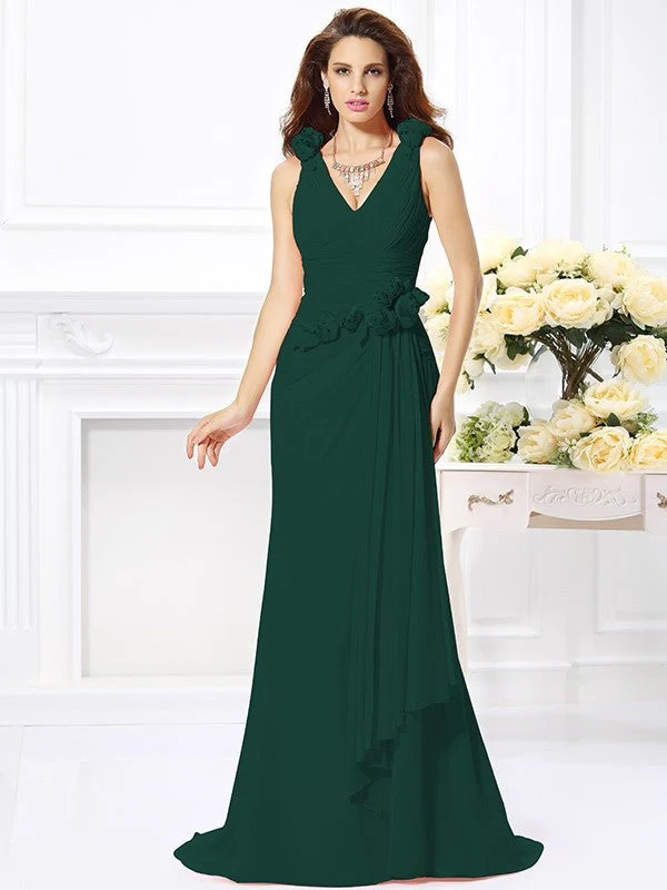 Mermaid Gorgeous V-neck Hand-Made Flower Sleeveless Long Chiffon Bridesmaid Dresses - Image 9