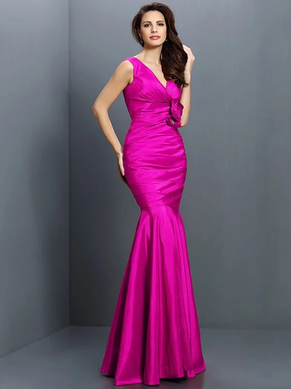 Mermaid Gorgeous V-neck Hand-Made Flower Sleeveless Long Taffeta Bridesmaid Dresses - Image 11