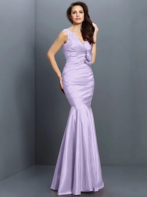 Mermaid Gorgeous V-neck Hand-Made Flower Sleeveless Long Taffeta Bridesmaid Dresses - Image 19