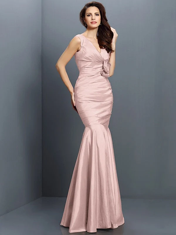 Mermaid Gorgeous V-neck Hand-Made Flower Sleeveless Long Taffeta Bridesmaid Dresses - Image 21