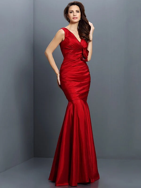 Mermaid Gorgeous V-neck Hand-Made Flower Sleeveless Long Taffeta Bridesmaid Dresses - Image 23
