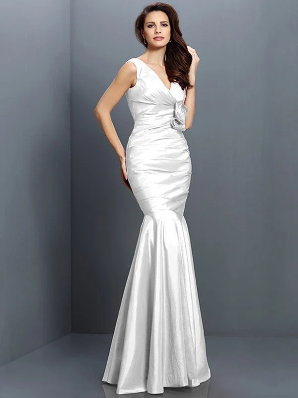 Mermaid Gorgeous V-neck Hand-Made Flower Sleeveless Long Taffeta Bridesmaid Dresses - Image 29