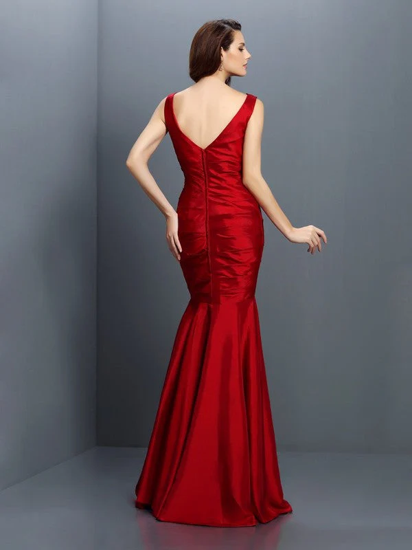 Mermaid Gorgeous V-neck Hand-Made Flower Sleeveless Long Taffeta Bridesmaid Dresses - Image 30
