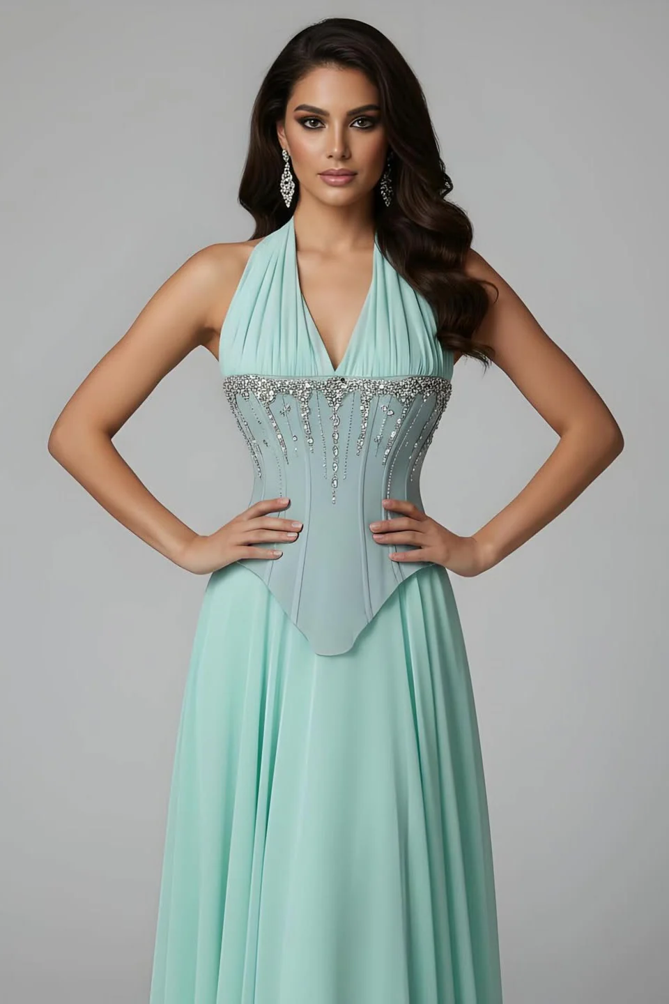 Charming Mint Halter Sleeveless Chiffon Prom Dresses A-Line Gem With Pleats - Image 2