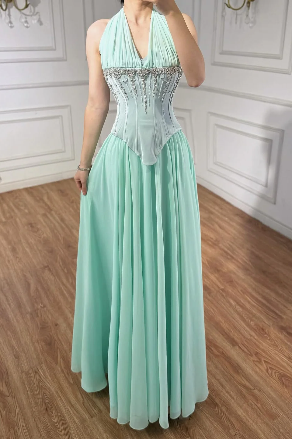 Charming Mint Halter Sleeveless Chiffon Prom Dresses A-Line Gem With Pleats - Image 3