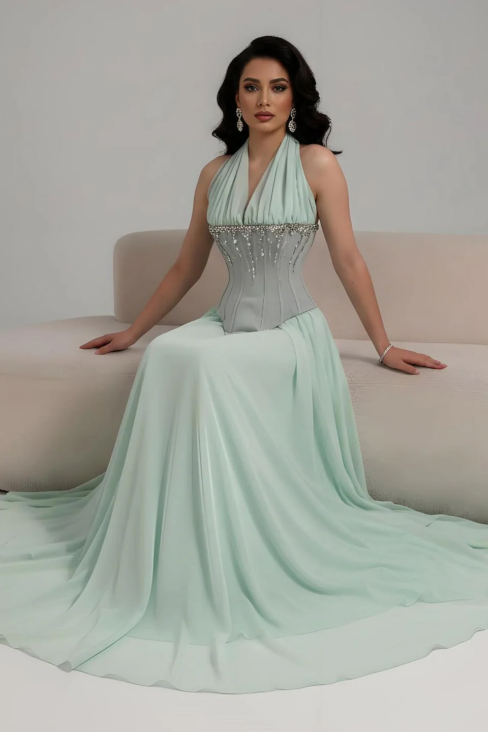 Charming Mint Halter Sleeveless Chiffon Prom Dresses A-Line Gem With Pleats - Image 4