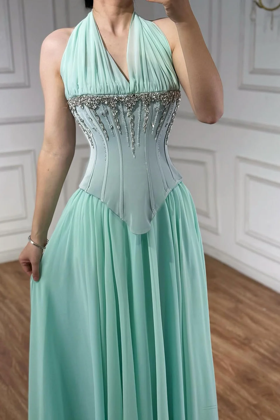 Charming Mint Halter Sleeveless Chiffon Prom Dresses A-Line Gem With Pleats - Image 5