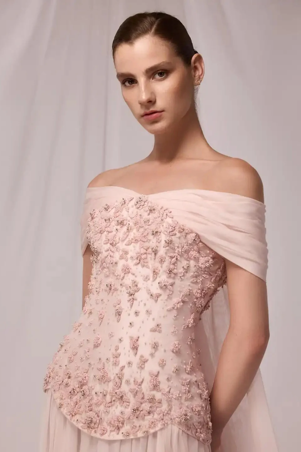 Charming Off-The-Shoulder Chiffon A-Line Prom Dresses Long With Beads Pleats - Image 2