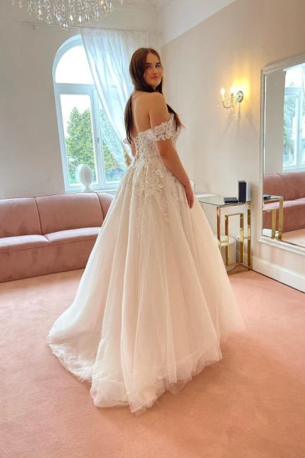 Classy Off the Shoulder Strapless A-Line Lace Tulle Wedding Dresses - Image 2