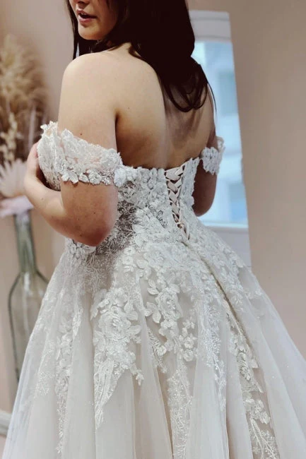 Classy Off the Shoulder Strapless A-Line Lace Tulle Wedding Dresses - Image 3