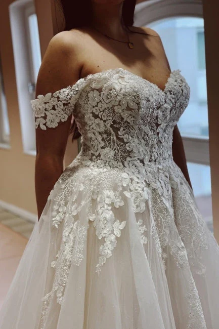 Classy Off the Shoulder Strapless A-Line Lace Tulle Wedding Dresses - Image 4