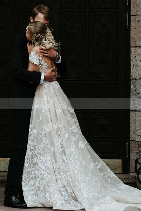 Charming Off the ShoulderFloral Lace Bridal Gown Princess White Aline Wedding Dress - Image 2