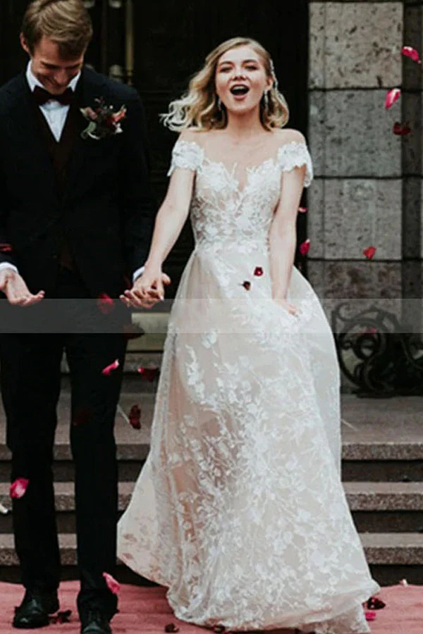 Charming Off the ShoulderFloral Lace Bridal Gown Princess White Aline Wedding Dress - Image 3