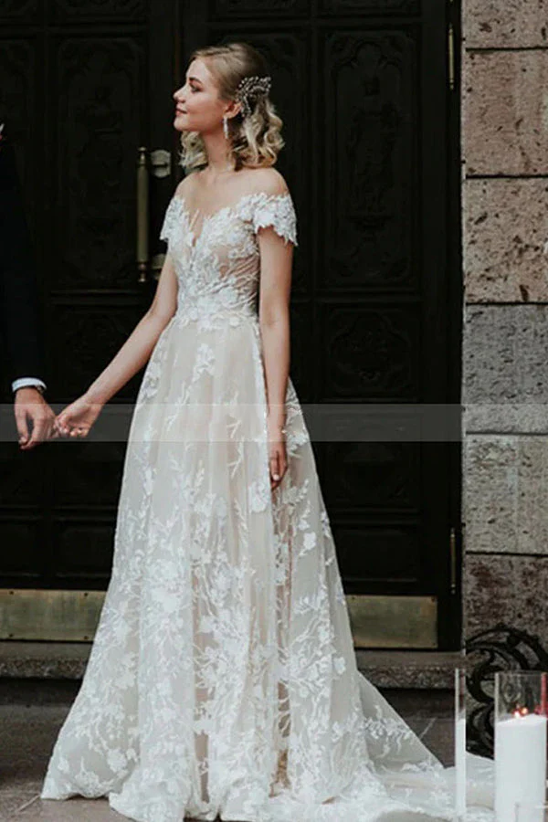 Charming Off the ShoulderFloral Lace Bridal Gown Princess White Aline Wedding Dress - Image 4