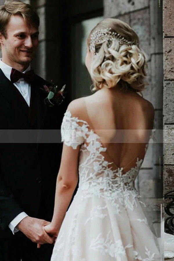 Charming Off the ShoulderFloral Lace Bridal Gown Princess White Aline Wedding Dress - Image 5