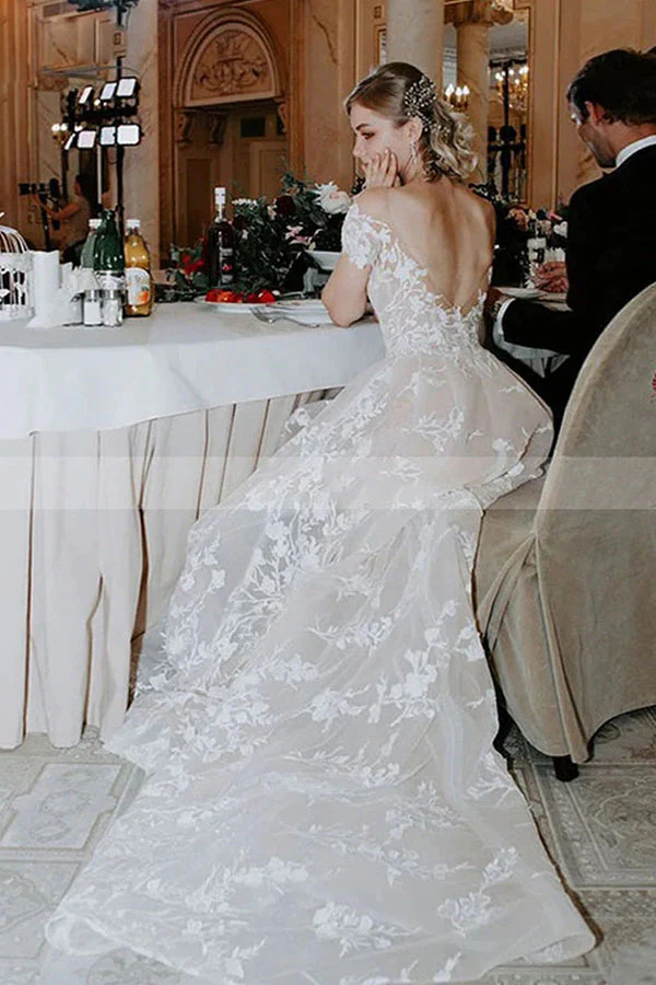 Charming Off the ShoulderFloral Lace Bridal Gown Princess White Aline Wedding Dress - Image 6