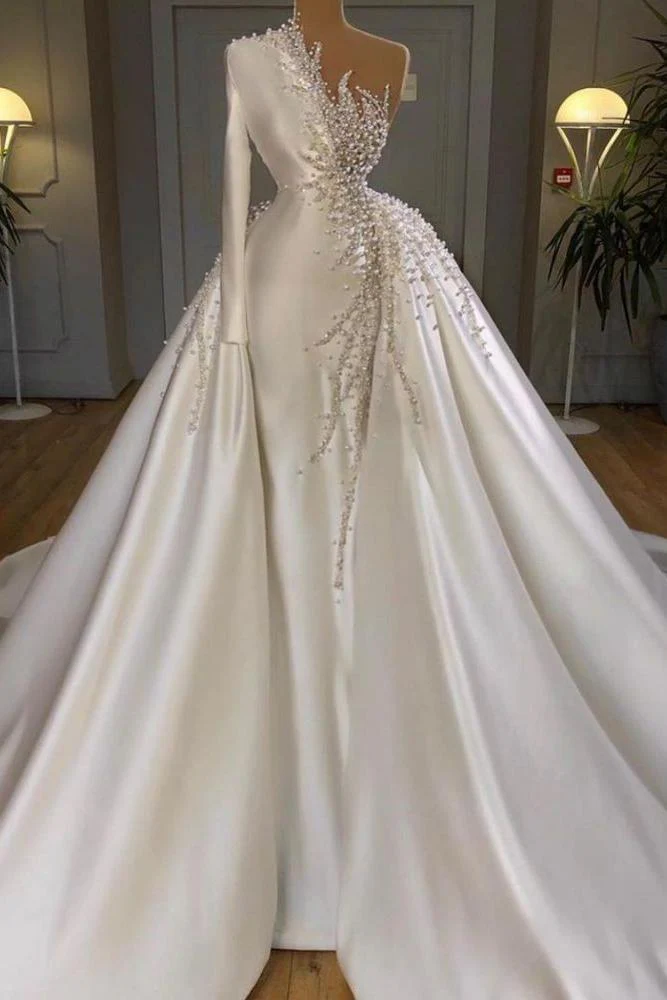 Charming One Shoulder Satin Mermaid Bridal Gowns Pearls Beading Party Gowns - Image 3