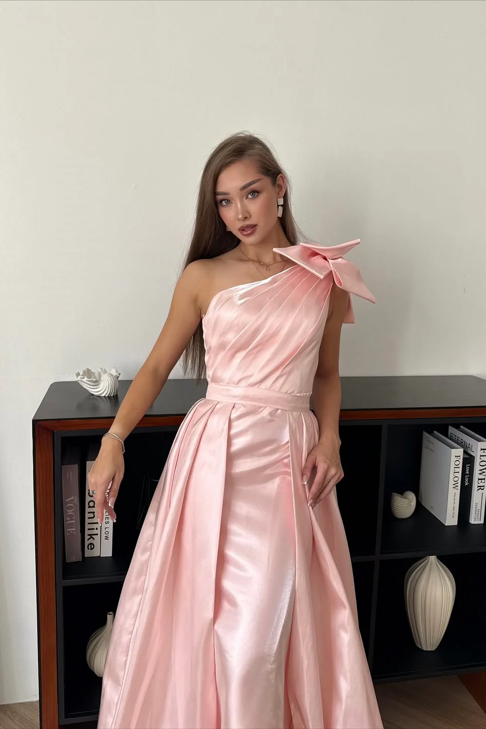 Charming Pink One Shoulder Sleeveless Satin Mermaid Prom Dresses Detachable Skirt With Bow Knot - Image 2