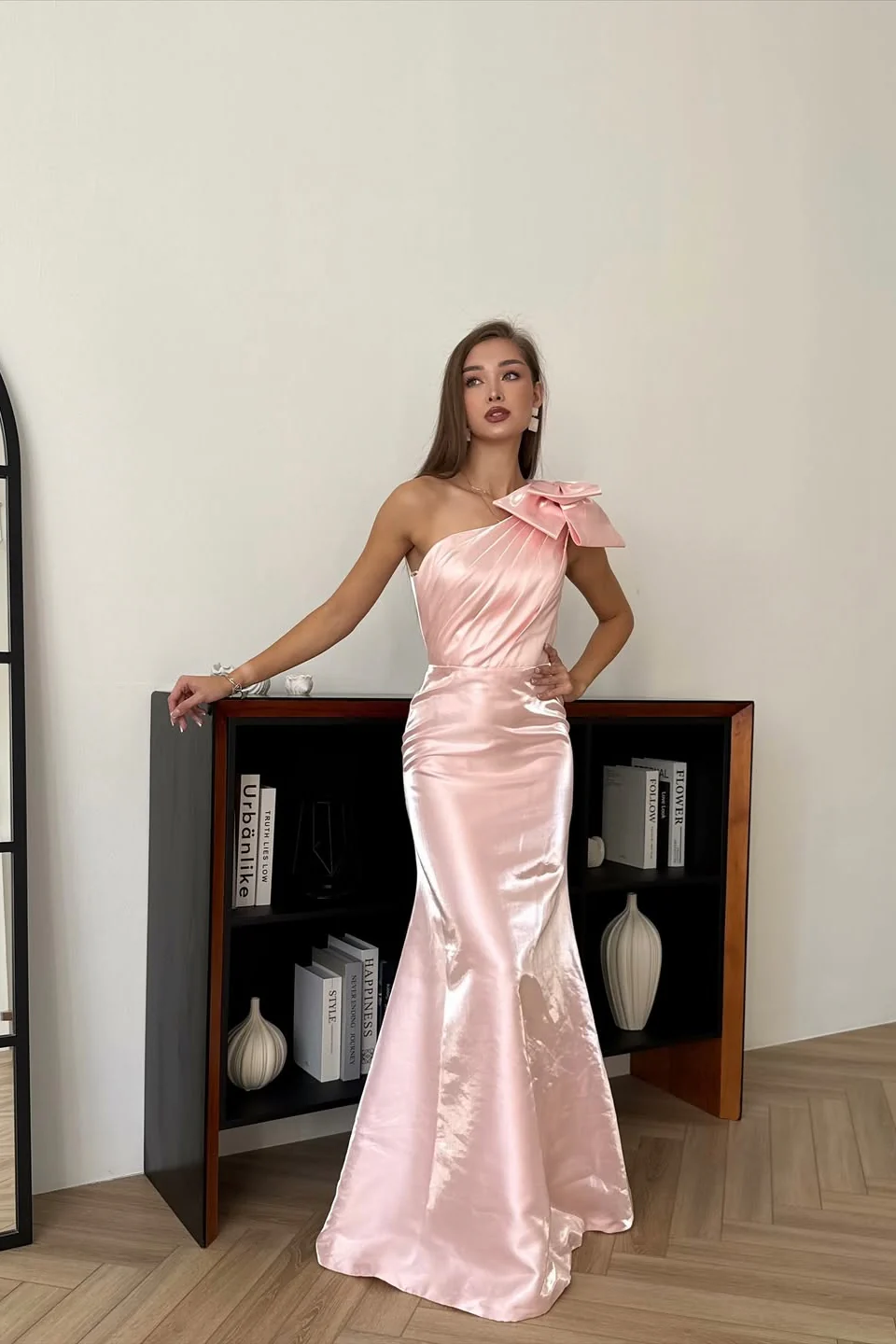 Charming Pink One Shoulder Sleeveless Satin Mermaid Prom Dresses Detachable Skirt With Bow Knot - Image 3