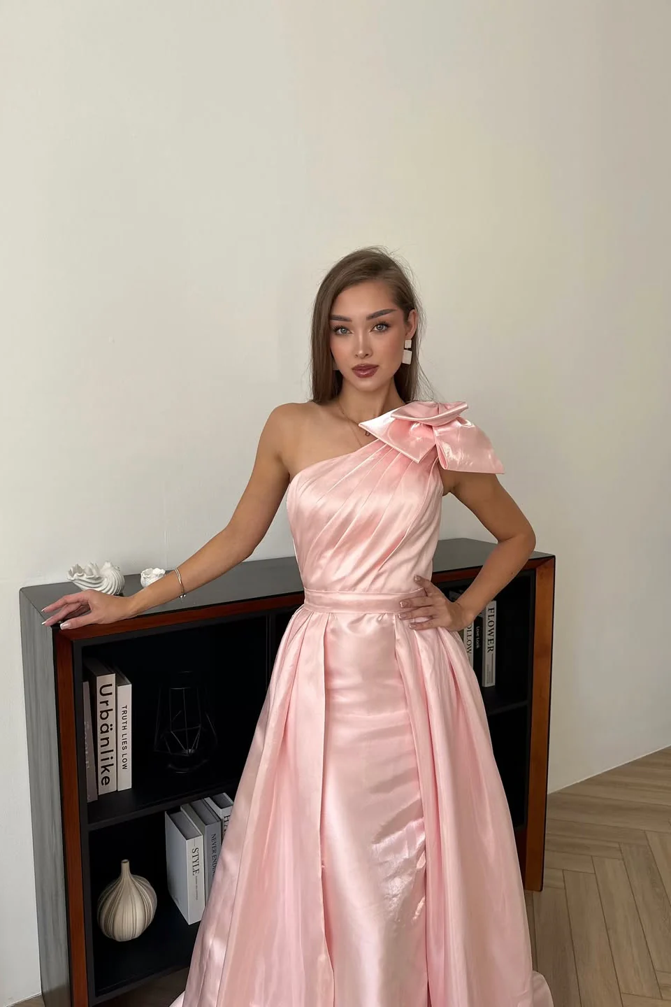 Charming Pink One Shoulder Sleeveless Satin Mermaid Prom Dresses Detachable Skirt With Bow Knot - Image 4