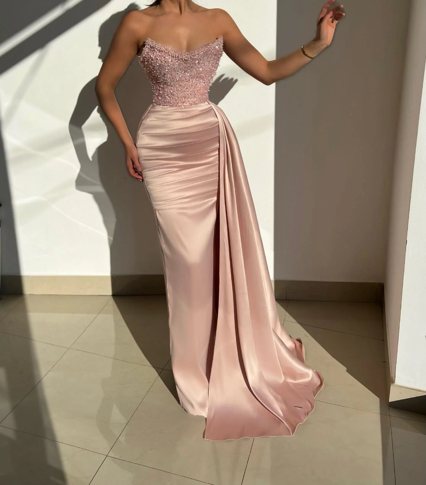 Fabulous Pink Strapless Sequined Satin Evening Prom Dresses with Ruffles - Image 2