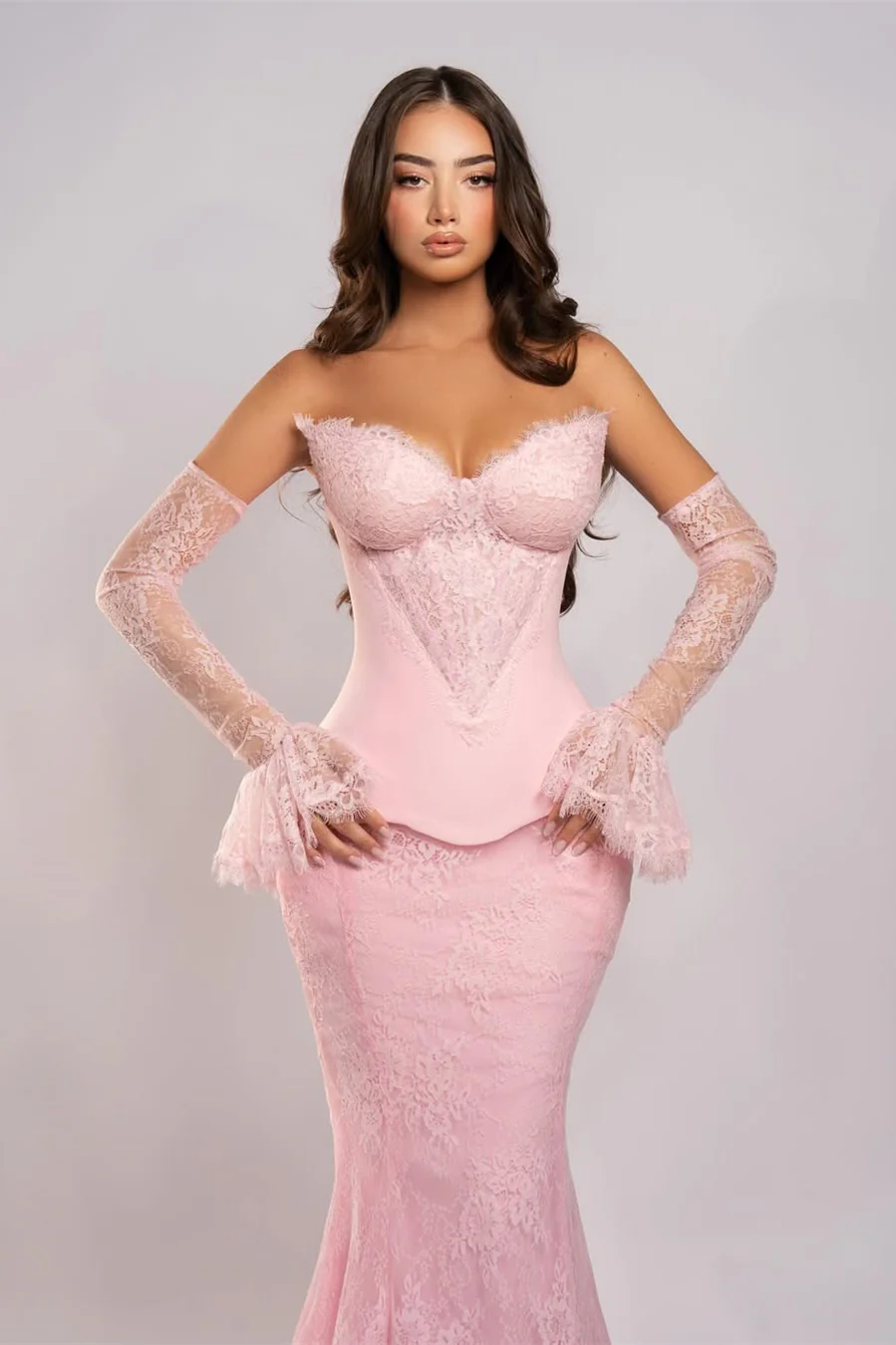 Charming Pink Sweetheart Strapless Lace Mermaid Prom Dress Detachable Long Sleeves On Sale - Image 2