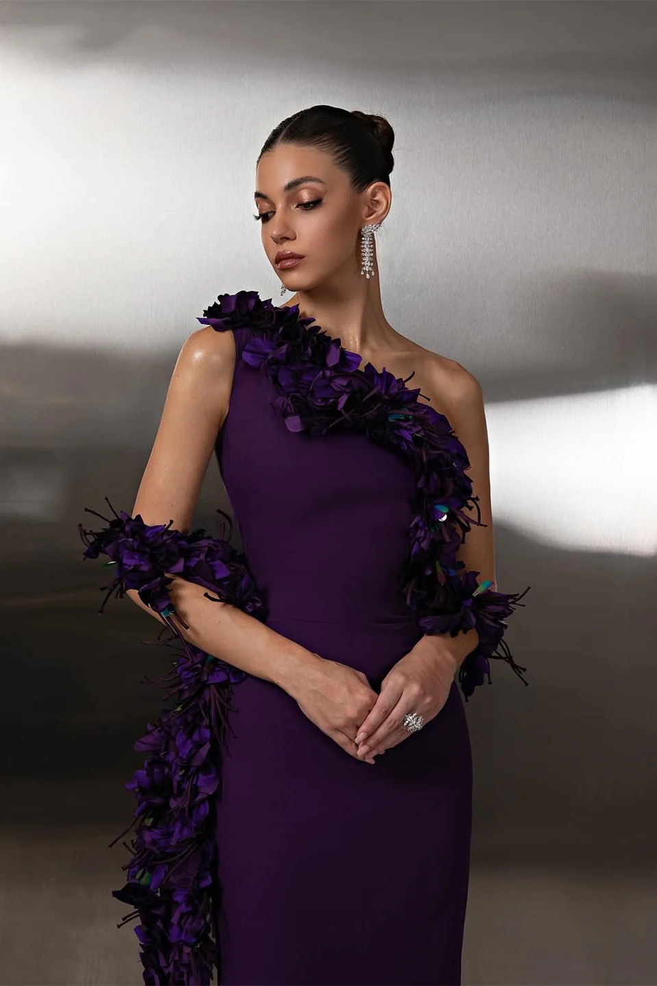 Charming Purple One Shoulder Sleeveless Satin Prom Dress Sheath Long With Flower - Image 2