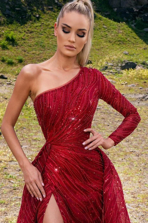 Charming Red Beading One Shoulder Long A-line Prom Dress Split - Image 2