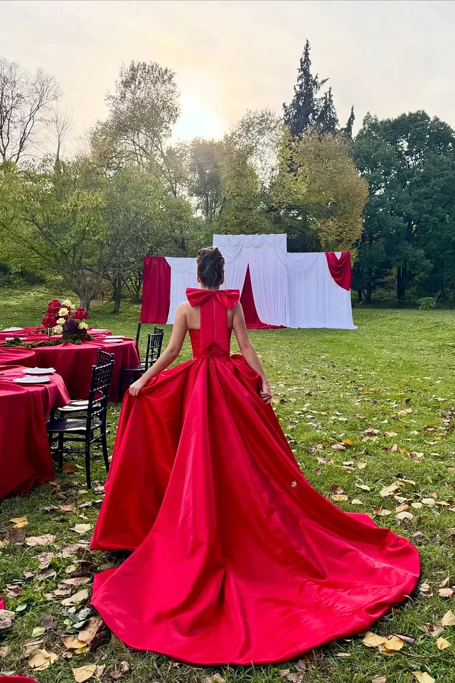 Charming Red Halter Sleeveless A-Line Satin Prom Dress High Split With Pleats Zipper - Image 2
