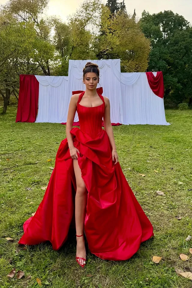 Charming Red Halter Sleeveless A-Line Satin Prom Dress High Split With Pleats Zipper - Image 4