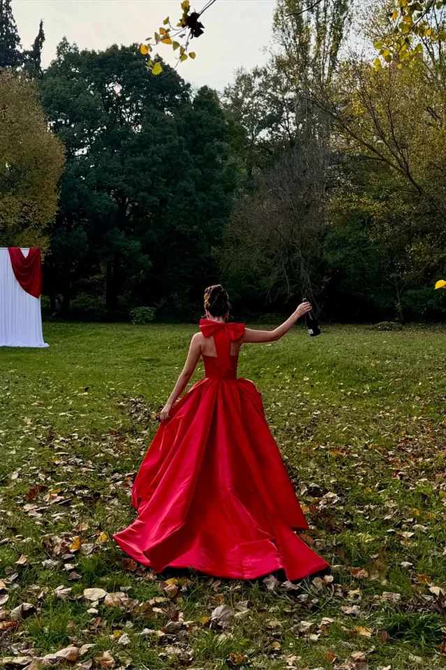 Charming Red Halter Sleeveless A-Line Satin Prom Dress High Split With Pleats Zipper - Image 5