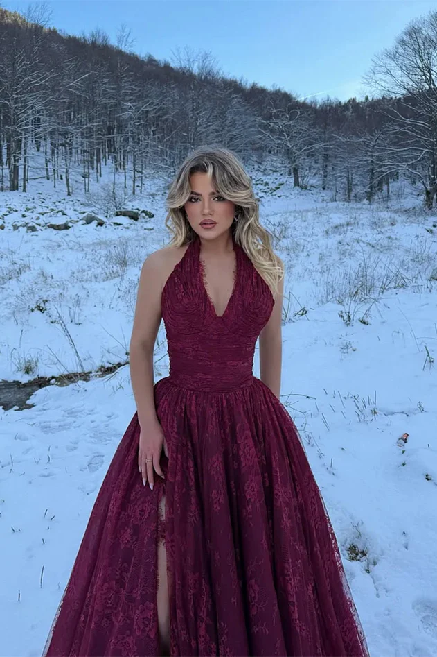 Charming Red Halter V-Neck Sleeveless Lace Prom Dresses A-Line Long With High Split - Image 2