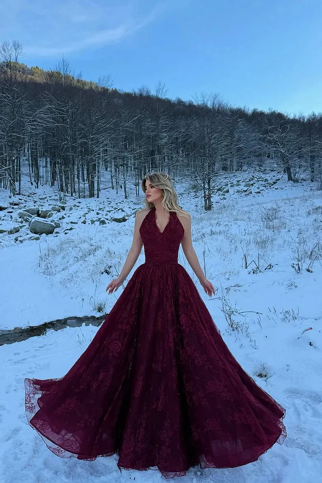 Charming Red Halter V-Neck Sleeveless Lace Prom Dresses A-Line Long With High Split - Image 3