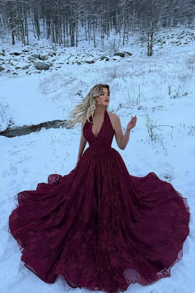 Charming Red Halter V-Neck Sleeveless Lace Prom Dresses A-Line Long With High Split - Image 4