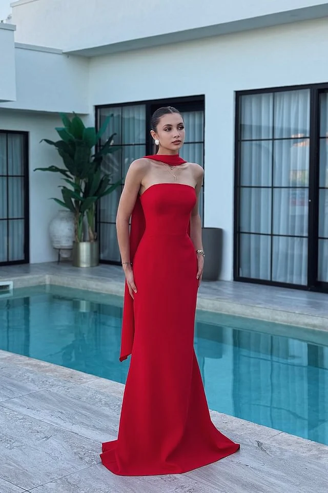 Charming Red Strapless Satin Mermaid Prom Dresses Floor Length Sleeveless On Sale - Image 4