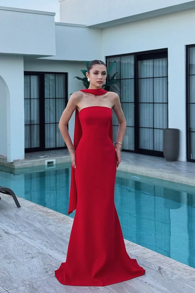 Charming Red Strapless Satin Mermaid Prom Dresses Floor Length Sleeveless On Sale - Image 5