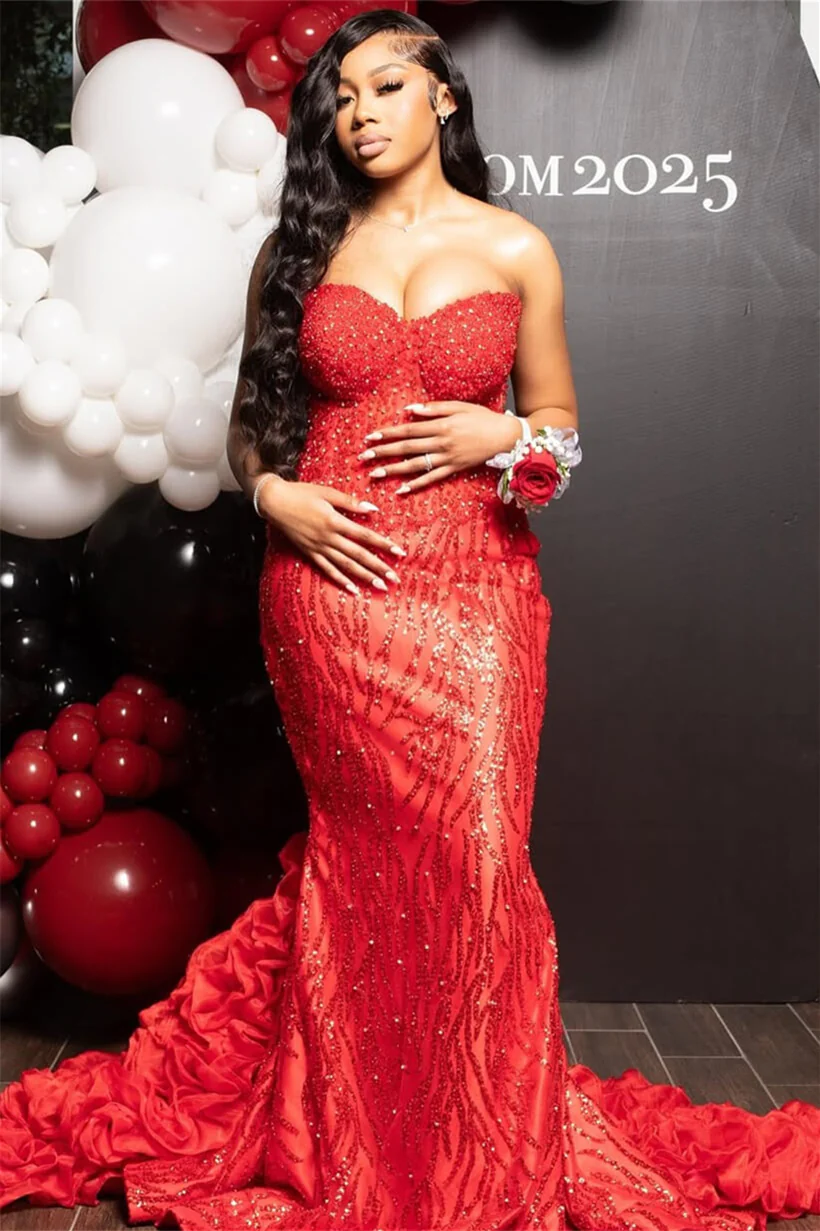 Charming Red Sweetheart Strapless Sleeveless Prom Dresses Mermaid Column With Beading - Image 2