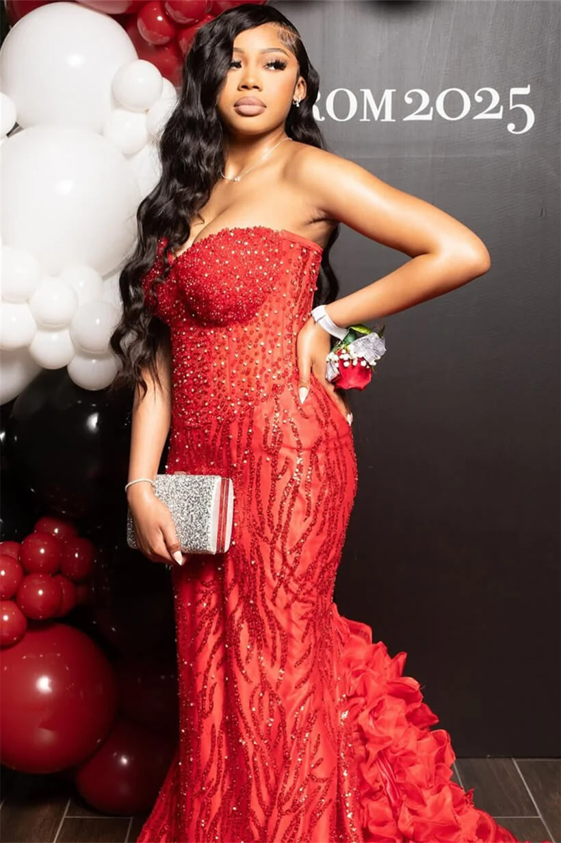 Charming Red Sweetheart Strapless Sleeveless Prom Dresses Mermaid Column With Beading - Image 3