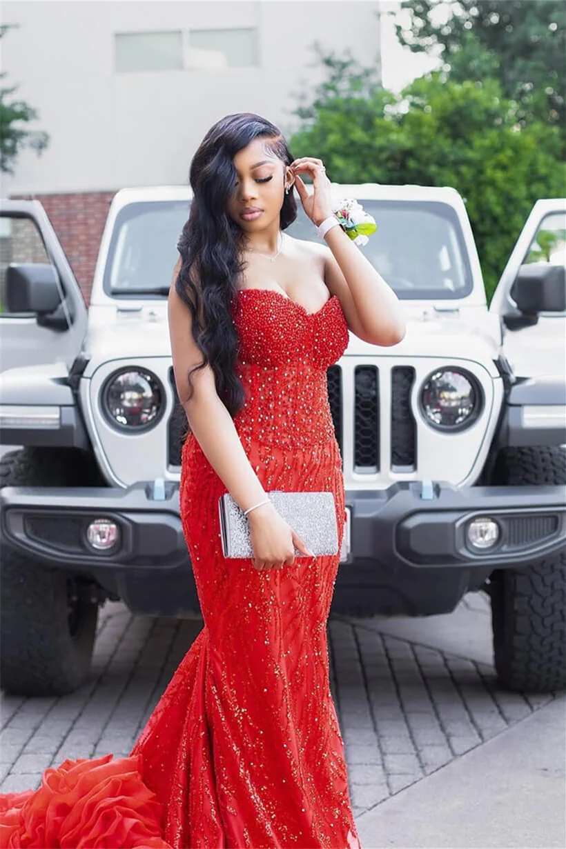 Charming Red Sweetheart Strapless Sleeveless Prom Dresses Mermaid Column With Beading - Image 4