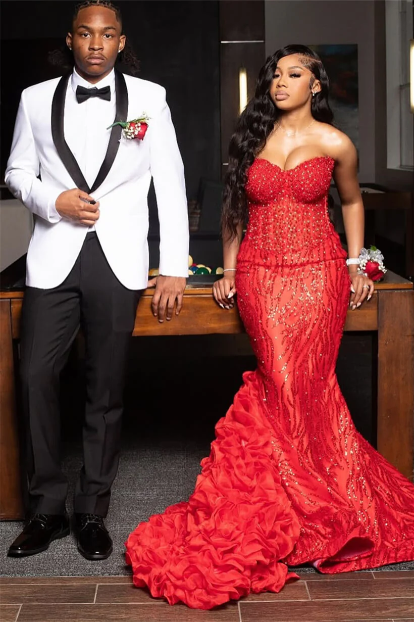 Charming Red Sweetheart Strapless Sleeveless Prom Dresses Mermaid Column With Beading - Image 5