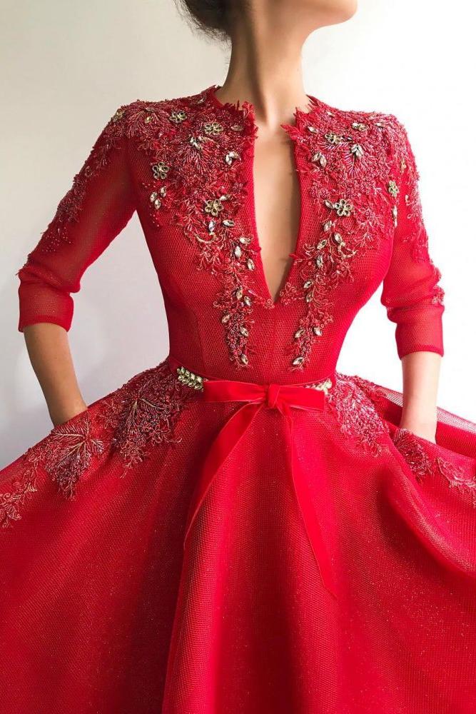 Charming Sequins Tulle V-neck Red Jewel 3/4 Sleeves Appliques Long Prom Party Gowns - Image 2