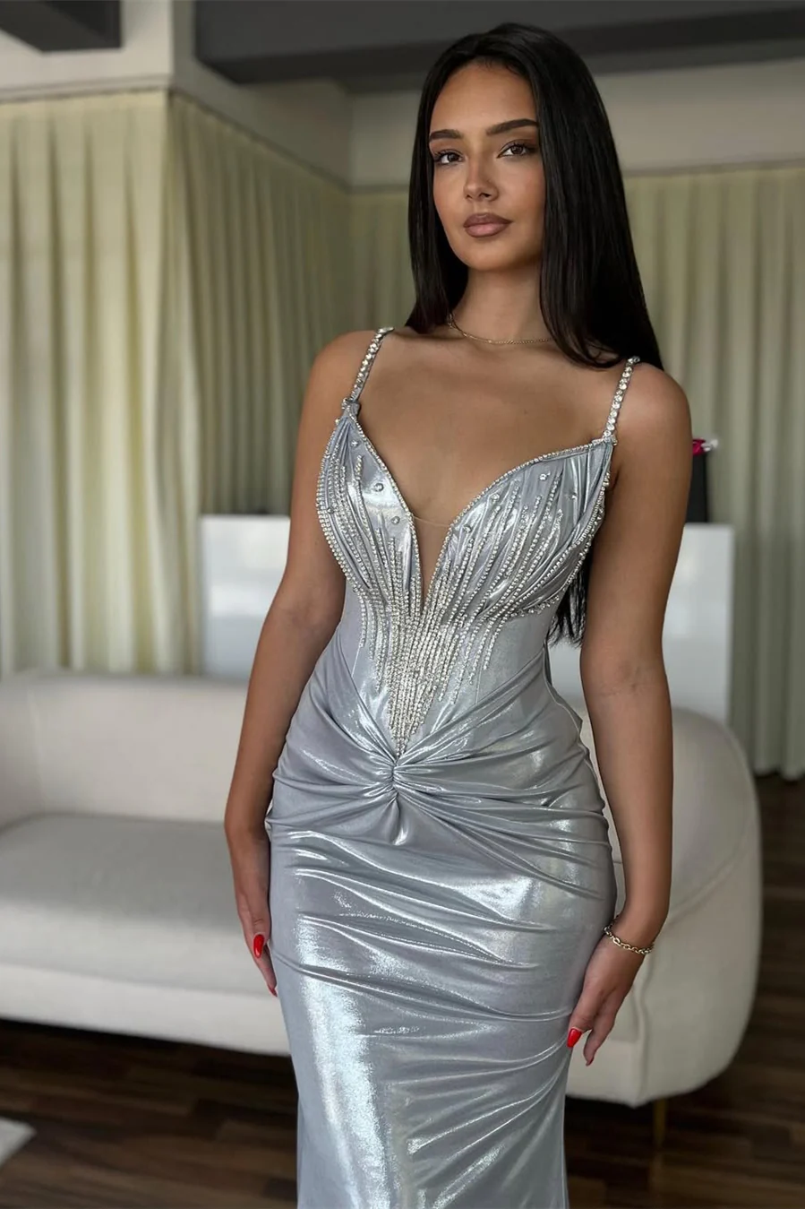 Charming Silver V-Neck Spaghetti-Straps Sleeveless Prom Dresses Mermaid With Beads - Image 2