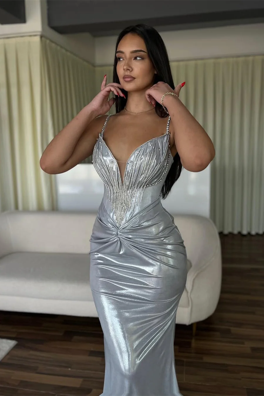 Charming Silver V-Neck Spaghetti-Straps Sleeveless Prom Dresses Mermaid With Beads - Image 3