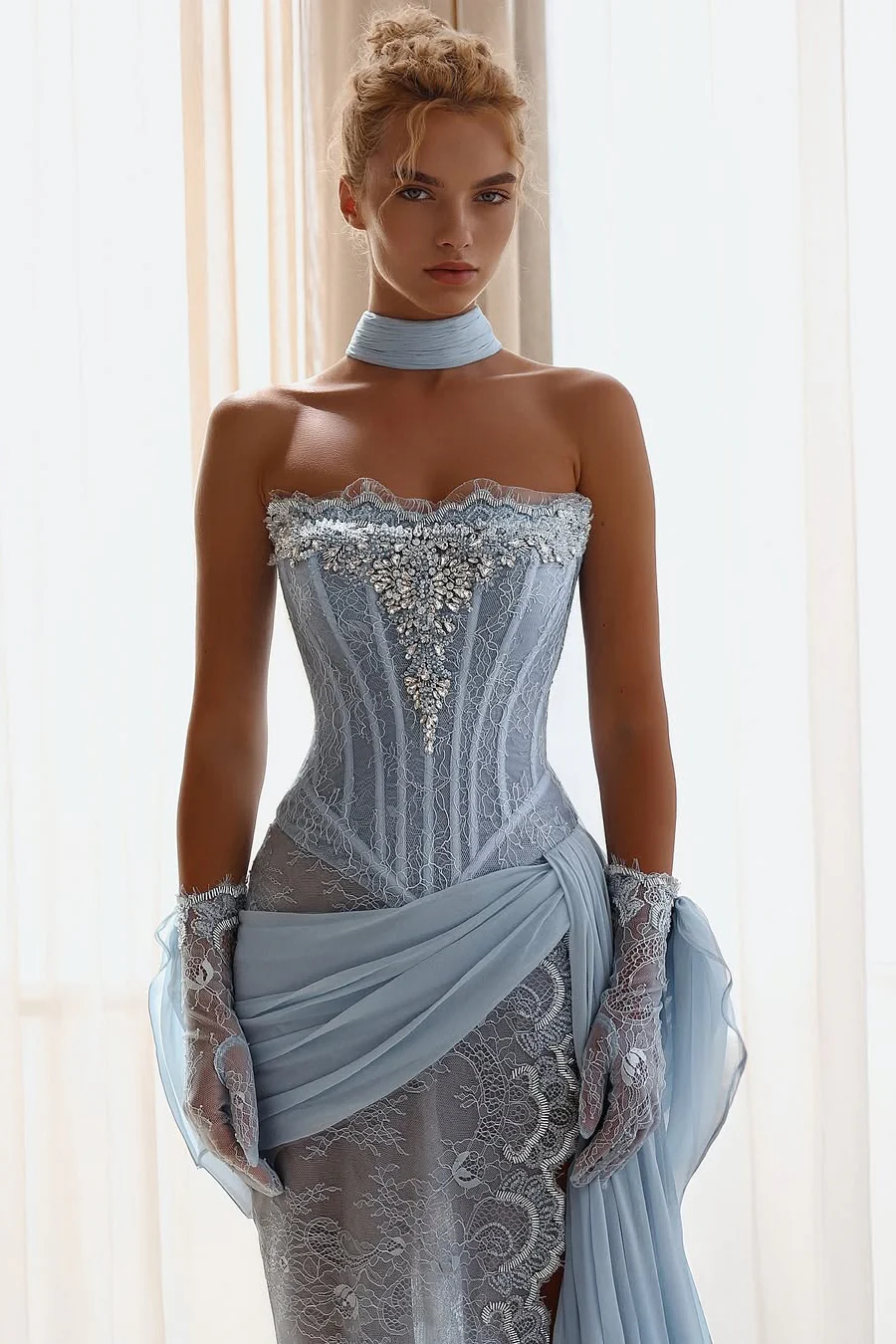Charming Sky Blue Strapless Sleeveless Prom Dress High Split Gem With Ruffle - Image 3