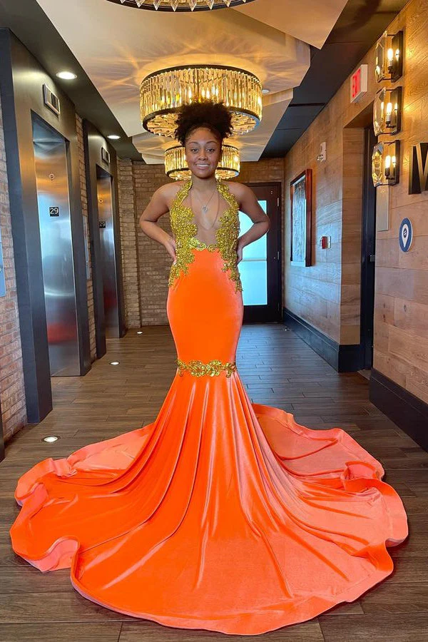Charming Sleeveless Halter Backless Mermaid Prom Dress With Gold Beading - Image 3