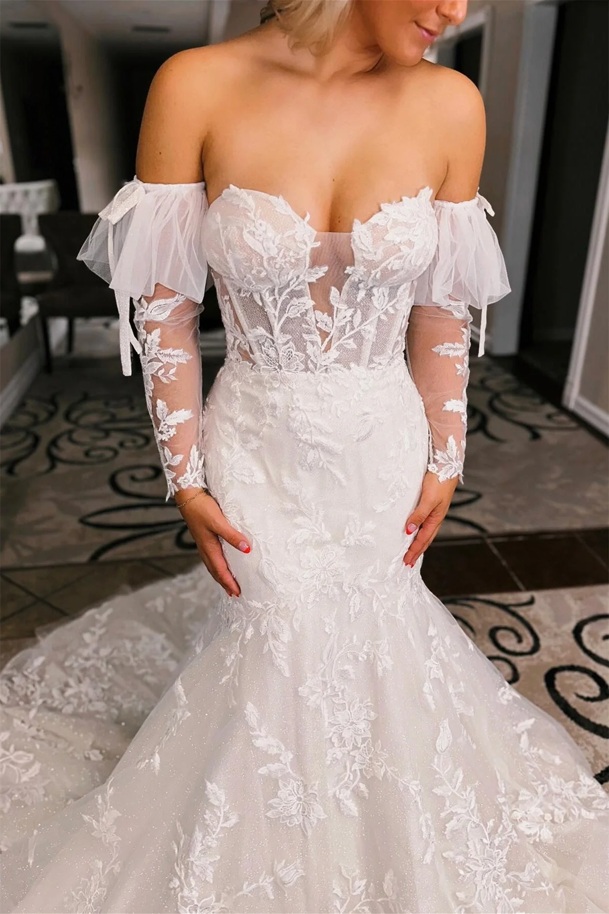 Charming Strapless Mermaid Tulle Wedding Dress Open Back Lace Appliques With Detachable Long Sleeves - Image 3