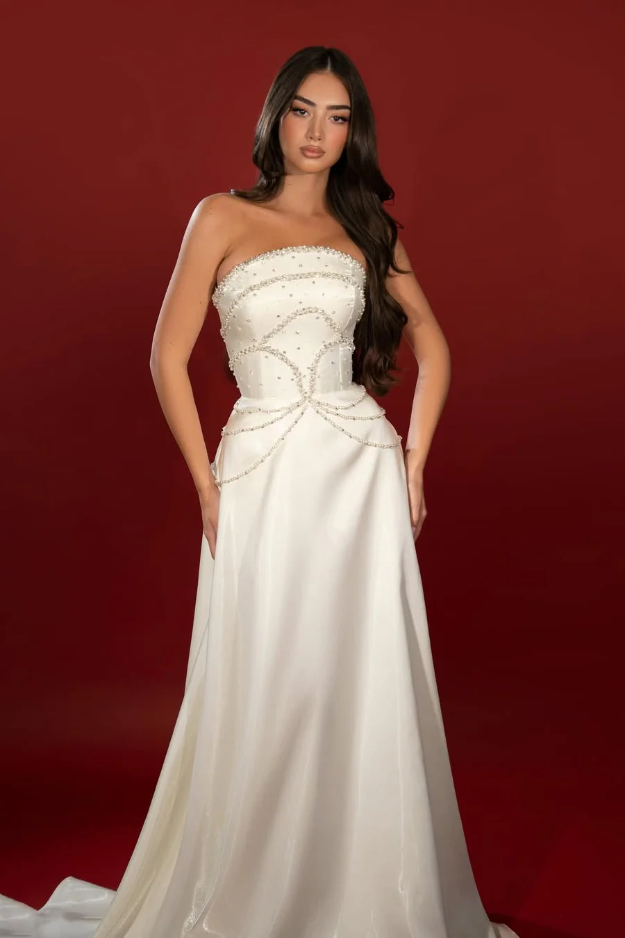 Charming Strapless Sleeveless A-Line Prom Dresses Pearls Long On Sale - Image 2