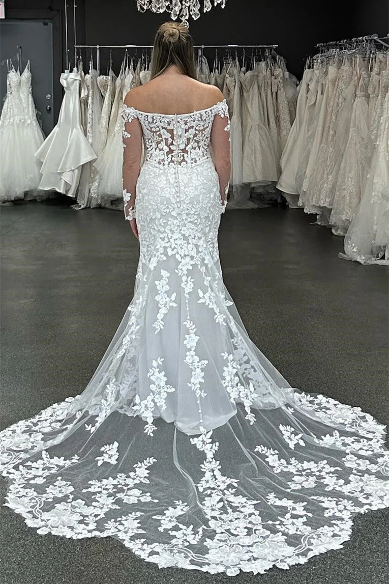 Charming Sweetheart Off-The-Shoulder Mermaid Wedding Dresses Long Sleeves Sheath Appliques Lace On Sale - Image 2