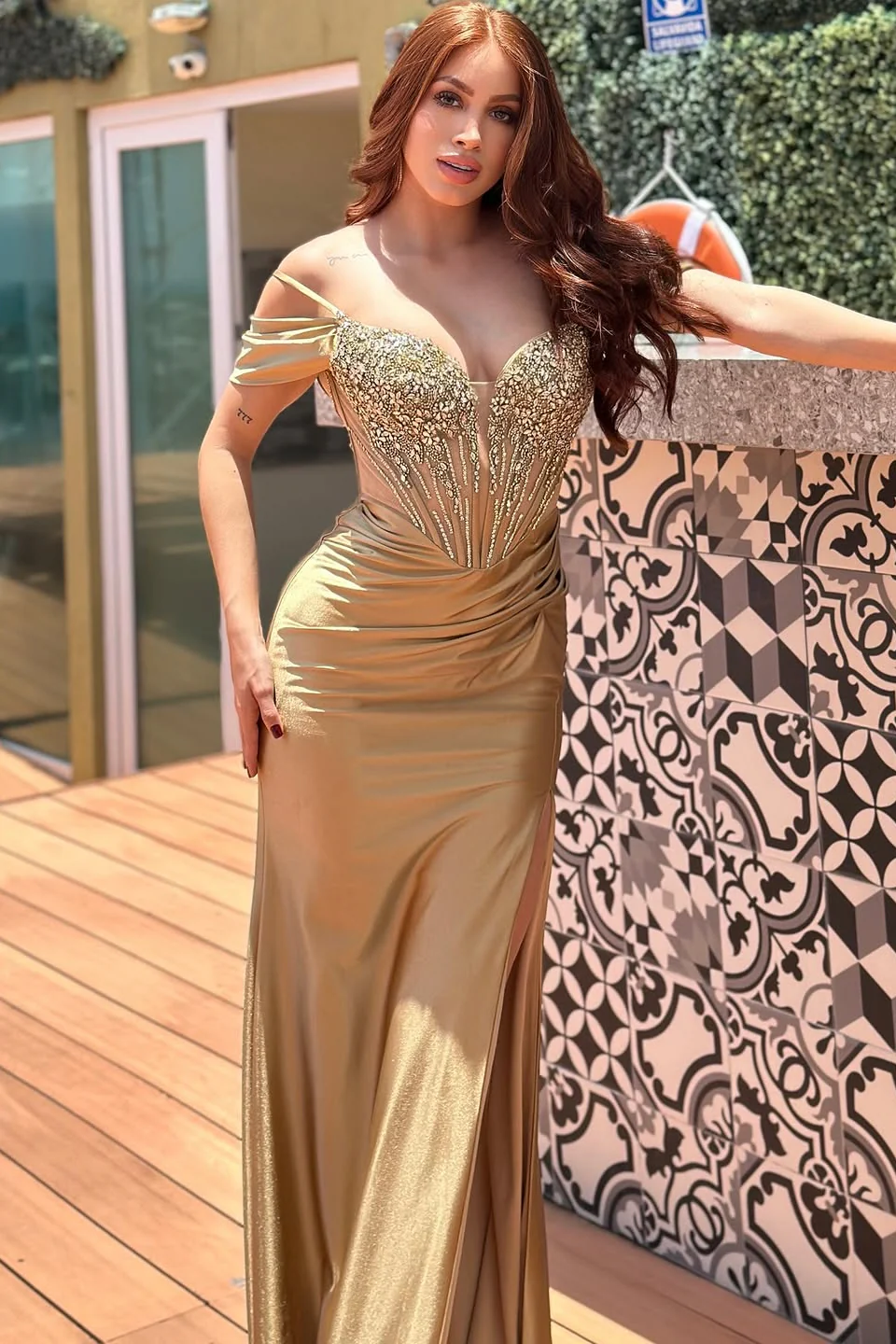 Charming Sweetheart Spaghetti-Straps Off-The-Shoulder Satin Prom Dresses High Split Gem With Lace-Up Back - Image 3