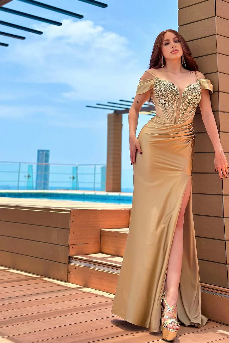 Charming Sweetheart Spaghetti-Straps Off-The-Shoulder Satin Prom Dresses High Split Gem With Lace-Up Back - Image 4